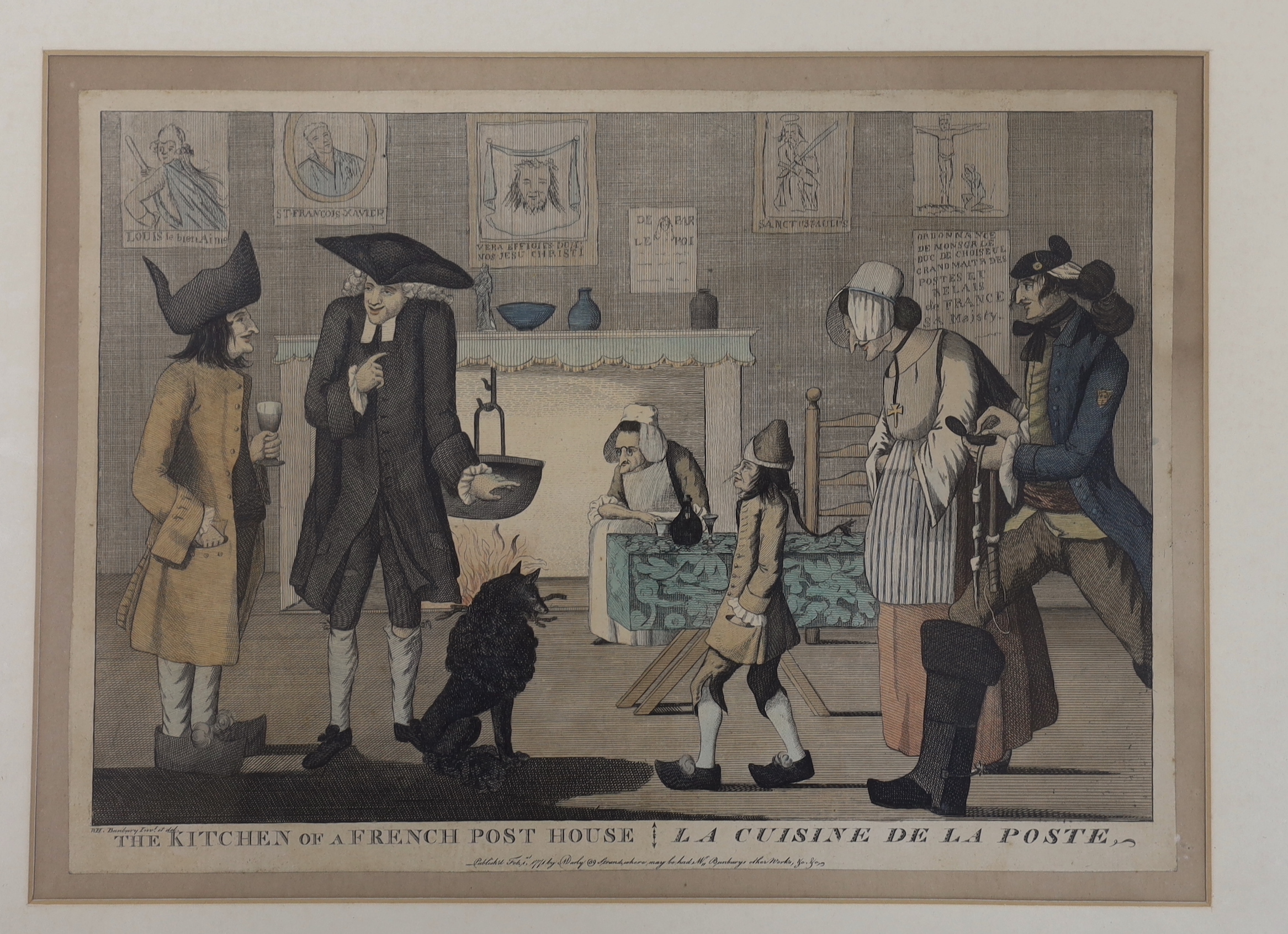 W. H. Bunbary (1750-1811), satirical hand coloured engraving, ‘The Kitchen of a French Post House’, published 1774, together with two others including ‘The Double Dealers, Two Strings to Your Bow, or, Who's the Dupe’ pub
